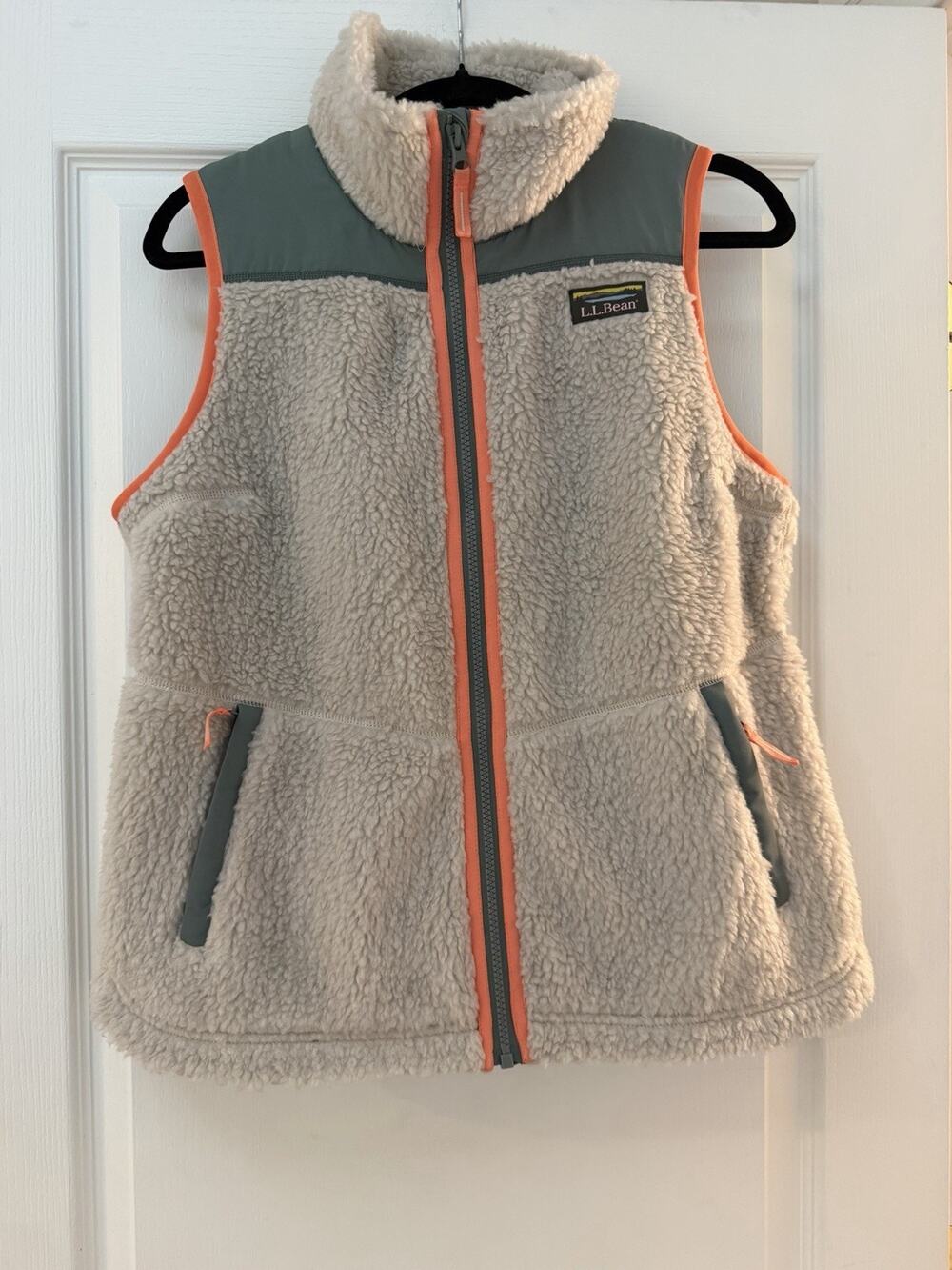 LLBean Sz Sm Fleece Vest Women Bean’s Sherpa Zip Up Green Coral Trim Pockets